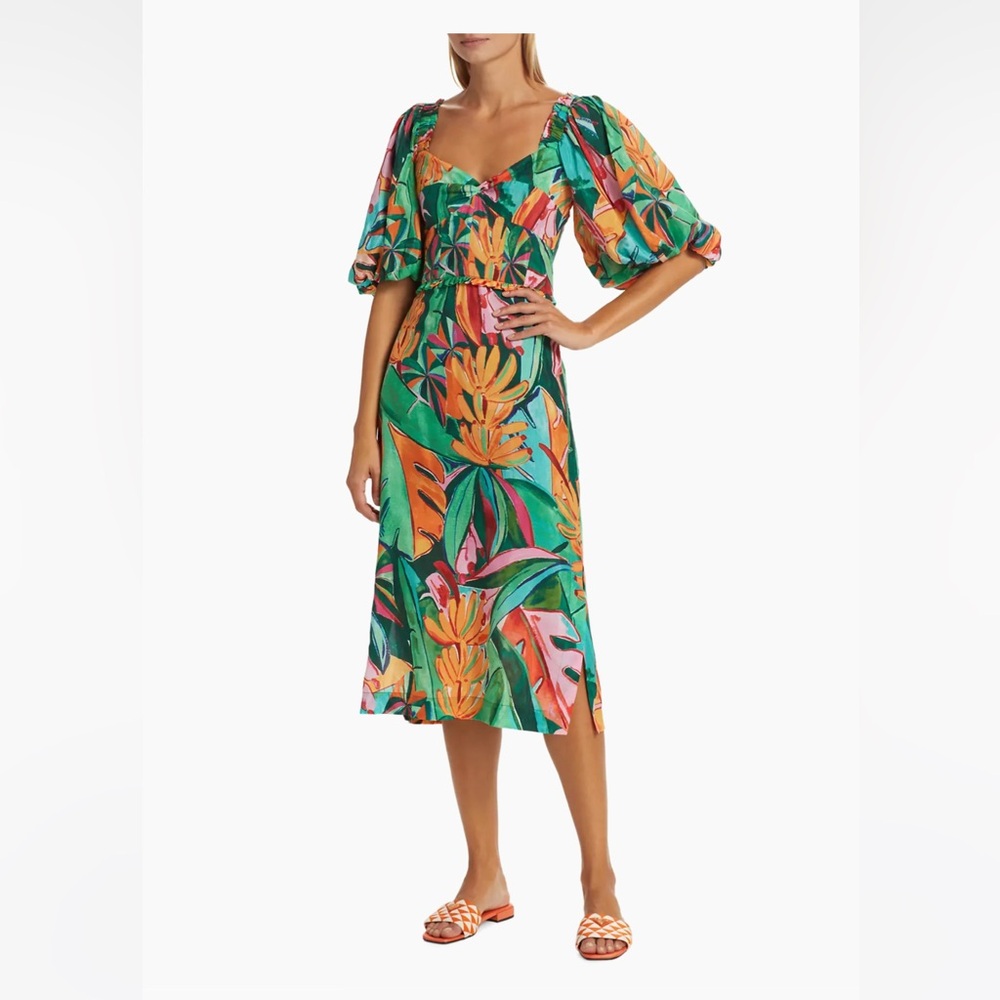 FARM Rio Banana Foliage Puff-
Sleeve Cotton Voile
Midi-Dress